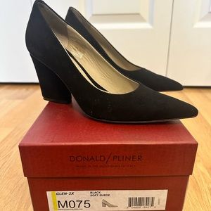 Donald Pliner black suede, pointed toe, chunky heels. Minimal wear.